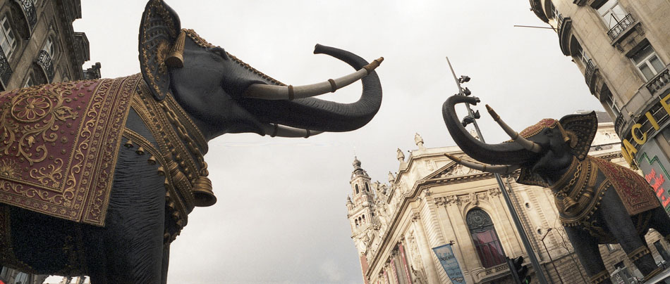 Lundi 4 décembre 2006, des éléphants en stuc font une trompe d'honneur pour "Bombaysers de Lille", rue Faidherbe, à Lille.