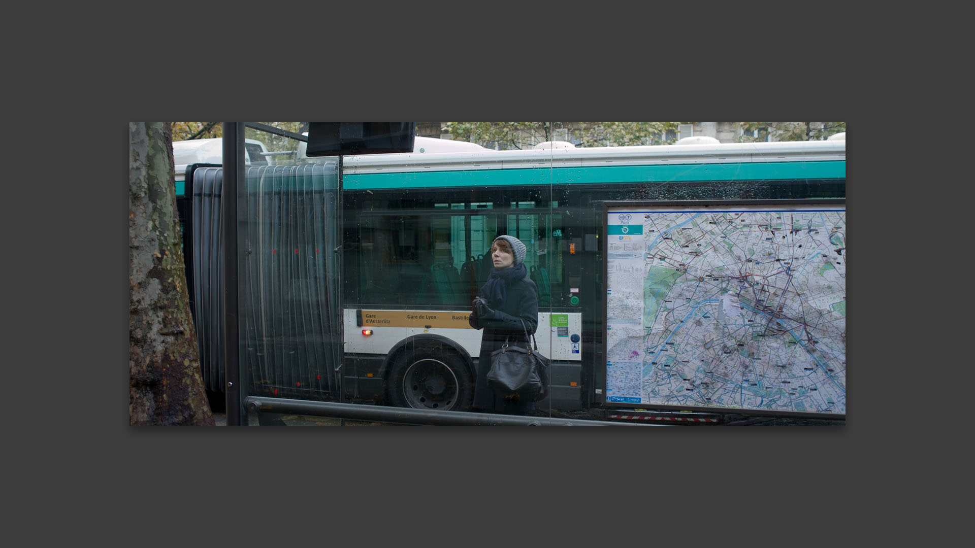 Femme regardant l'horaire du prochain bus, rue de Lyon, à Paris.