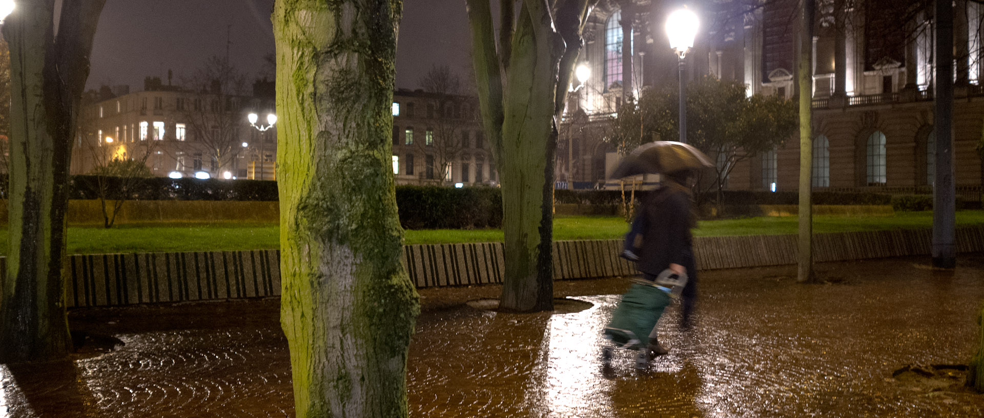 Femme tirant un caddie, devant le Palais des Beaux Arts, place de la République, à Lille.