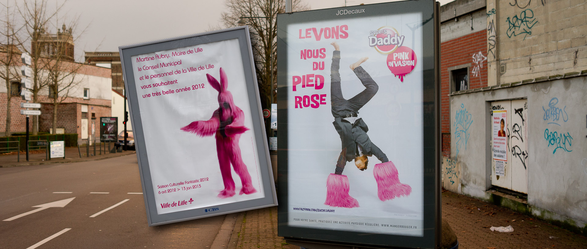 Photomontage entre une publicité pour les voeux du maire de Lille et une publicité pour le sucre Daddy, à Croix.