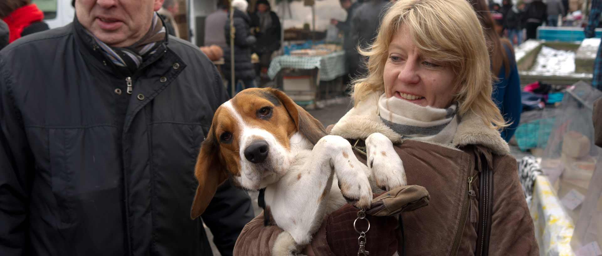 Femme avec son chien dans les bras, marché place du Concert, à Lille.